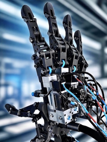 Close-up of robot joint showing hybrid hydraulic and electric components